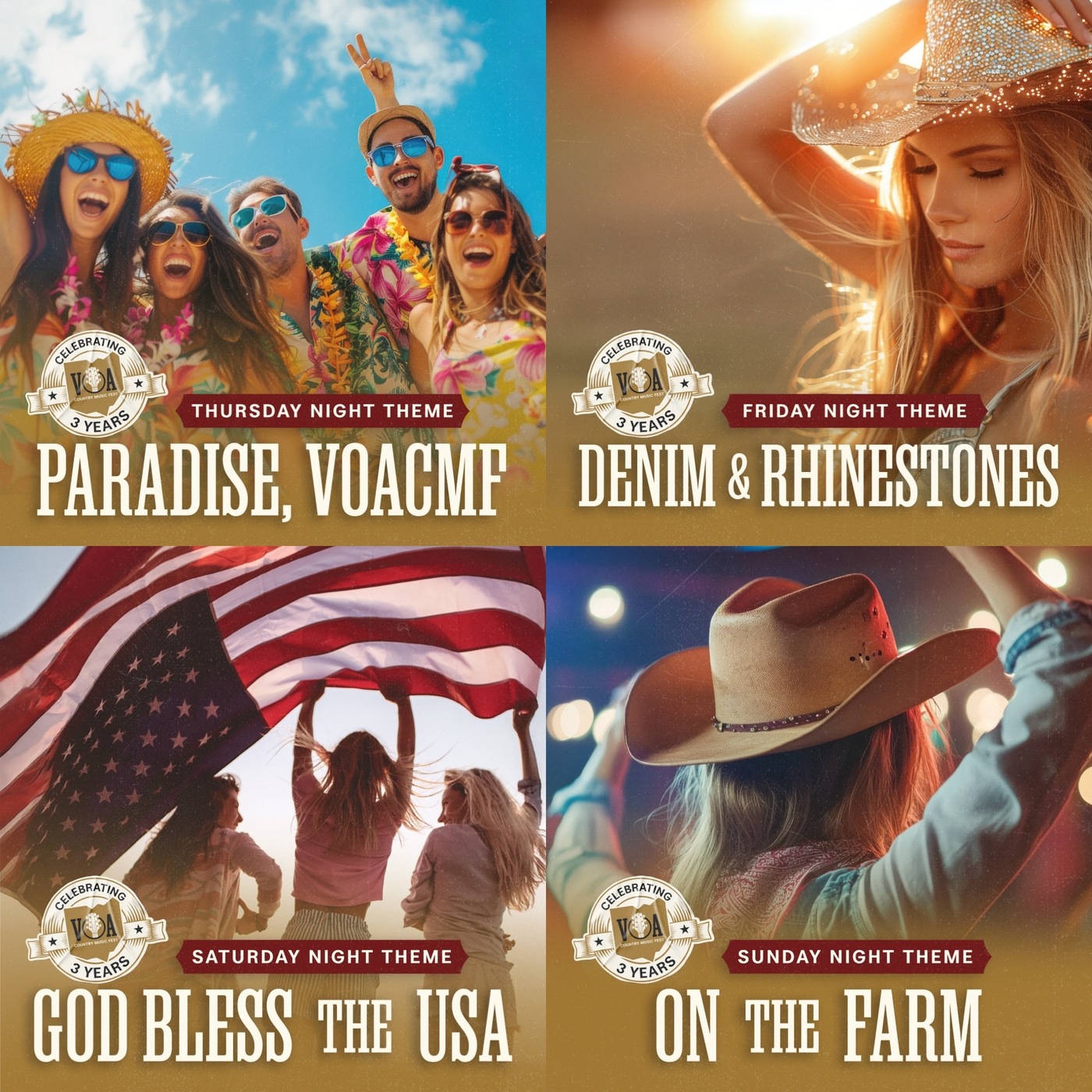 Here are the Theme Nights for Voices of America Country Music Fest! episode artwork