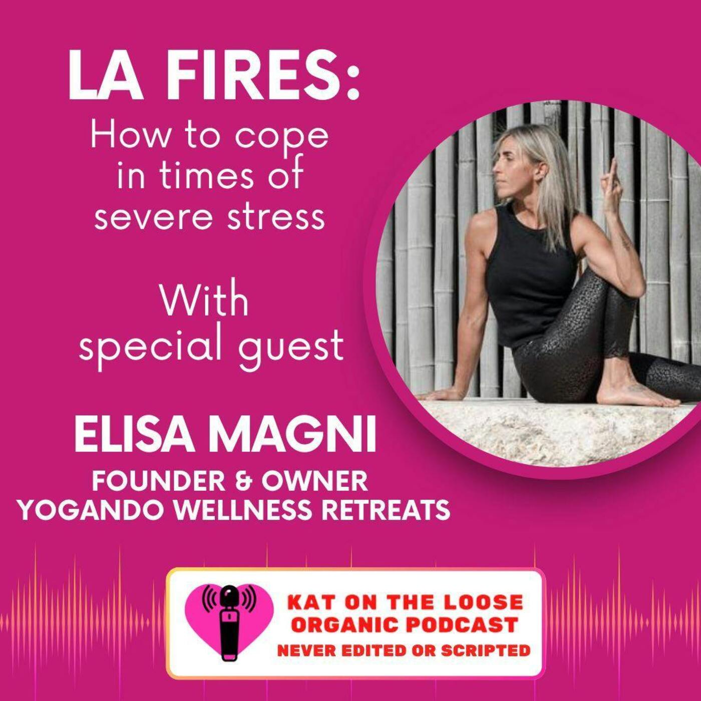 Episode art: LA FIRES - HOW TO COPE WITH SEVERE STRESS WITH SPECIAL GUEST ELISA MAGNI FOUNDER OF YOGANDO